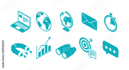 Set of turquoise isometric icons for business and digital marketing.