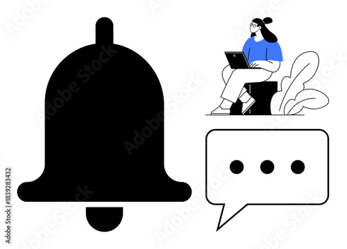 Notification concept. A black bell icon, speech bubble, and a woman working on a laptop communication updates, reminders, and messages. Ideal for apps, alerts, communication productivity and user