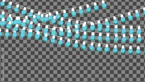 Glowing blue string lights on a transparent background