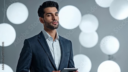 Focused Man in Dark Blue Suit Holding Tablet Against Backdrop of Luminous White Spheres Lit by Soft Studio Lighting