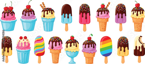 Whimsical Ice Cream Treats in Cups, Cones, Popsicles, and Sundaes with Colorful Toppings, Sprinkles, Cherries, and Wafers