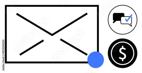 Envelope, chat bubble with checkmark, and dollar coin icons represent email marketing, secure messaging, payments, online business, branding, collaboration advertising. Minimalist flat metaphor