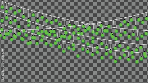 Green festive lights string on transparent background