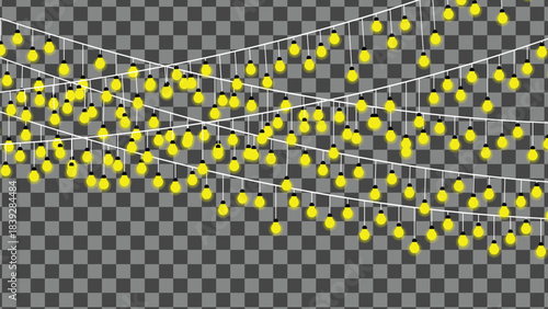 Bright yellow string lights on transparent background