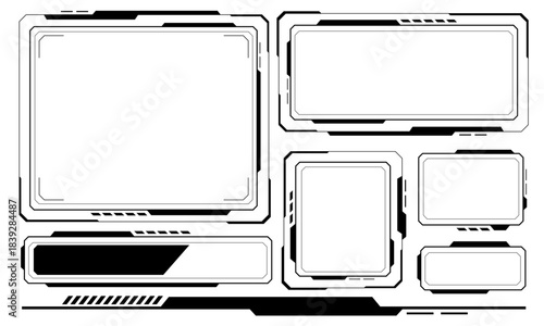 HUD frames black user interface elements set design modern technology futuristic control panel screen digital hologram window gaming menu touching cyber monitor set white background vector