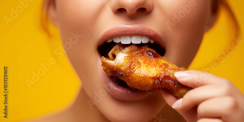 A close-up shot of a woman enjoying a crispy chicken wing against a vibrant yellow background, capturing the joy of delicious food.