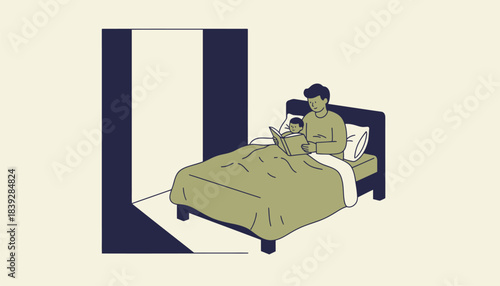 An enchanting nighttime reading ritual with a child lying in bed as their parent reads a bedtime story the moonlight streaming through the window.