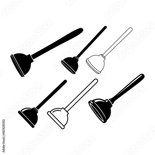 Plunger for Unclogging Drains with Wooden Handle and Red Suction Cup Sanitation Too silhouette