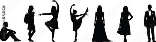 Silhouettes of diverse people in various poses, fashion styles, and activities representing lifestyle, dance, elegance, and modern urban life