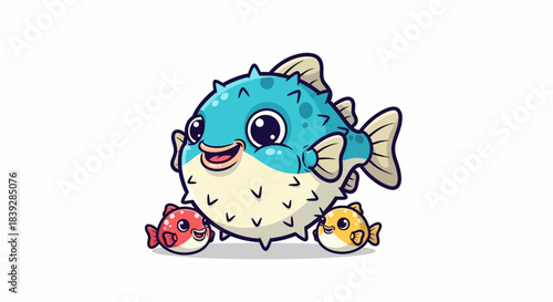 Adorable pufferfish family swimming together in a vibrant underwater scene.