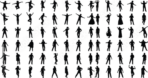 Silhouette people in dynamic poses, walking, dancing, jumping, gesturing, fashion styles, movement actions, vector illustration for animation and design