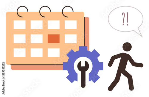 Calendar highlighting date, gear symbolizing task management, person with puzzled expression. Ideal for planning, scheduling, problem-solving, organization, productivity, deadlines decision-making
