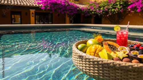 Vibrant Mexican living room filled with tropical flowers opening to a sparkling private pool