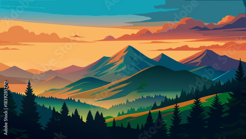Very beautiful evening view of the Green Mountains in Vermont, with warm sunset tones illuminating peaks, valleys, and serene countryside layers.