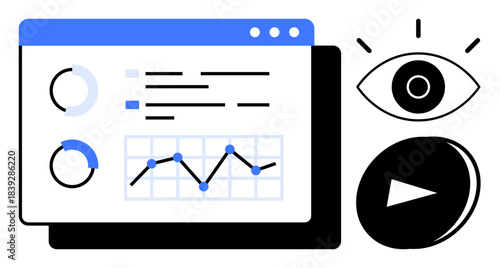 Data visualization, analytics, content tracking, statistics review, workflow monitoring, dashboard reports. A screen features charts and graphics with icons of an eye and a play button. Data
