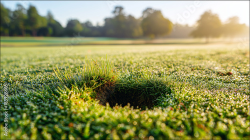 tennessine. Fresh divot mark on golf course turf with upturned grass and morning dew. real-estate listings, architecture portfolios, designed for interior renovation comparisons for interiors.

