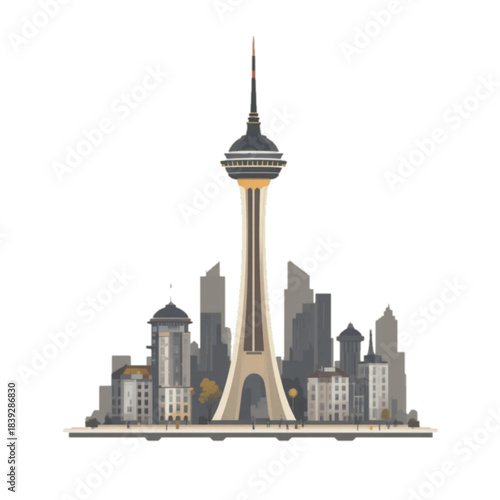 flat vector city landmark icon, simple tower silhouette, clean geometric style, minimal urban travel theme, isolated on solid background