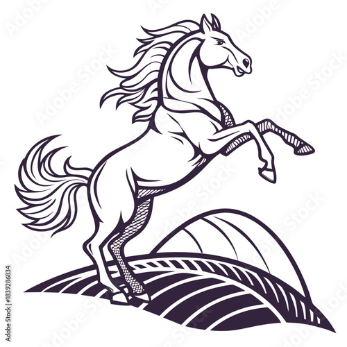 Majestic horse rearing up over rolling hills