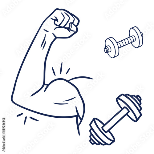 Illustration of a flexing bicep and dumbbells for fitness