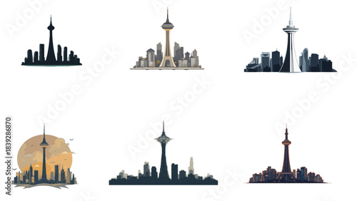 flat vector city landmark icon, simple tower silhouette, clean geometric style, minimal urban travel theme, isolated on solid background
