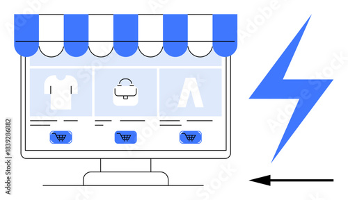 E-commerce concept. E-commerce illustrated with an online storefront, shopping icons, and a lightning symbol fast digital transactions. E-commerce for retail, shopping apps, business, digital