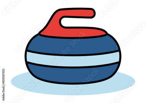 Red handled blue curling stone with a light blue stripe resting on a patch of ice. Isolated transparent background ( include cut-out PNG file ).
