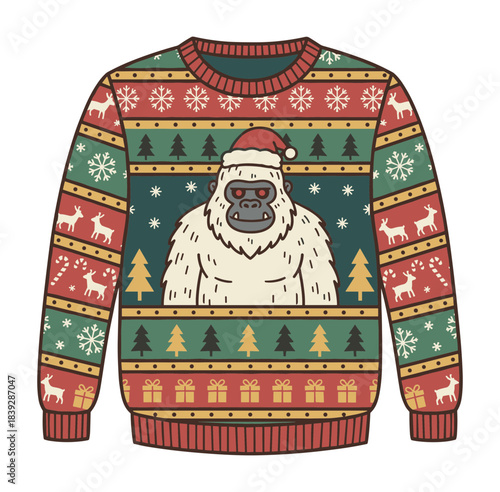 Ugly Christmas sweater with patterned bands and a large yeti wearing a Santa hat. Isolated transparent background ( include cut-out PNG file ).