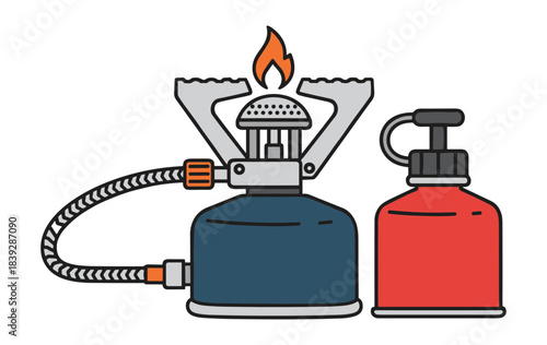 Portable camp gas burner stove with blue fuel tank and red canister.Isolated transparent background ( include cut-out PNG file ).