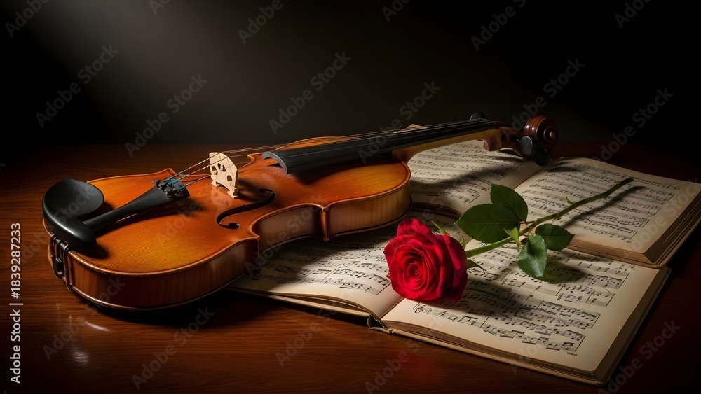 Fototapeta premium Violin and red rose on music sheets