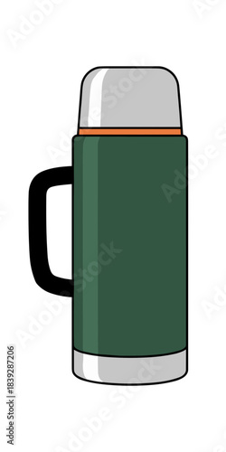 A simple green insulated thermos bottle container with a silver cup and black handle.Isolated transparent background ( include cut-out PNG file )