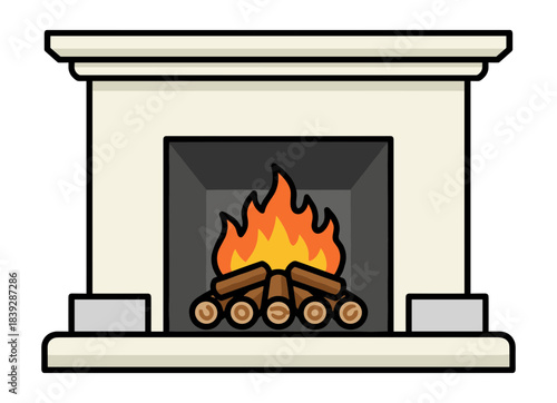 Cartoon indoor fireplace with glowing fire and stacked burning logs winter scene.Isolated transparent background ( include cut-out PNG file )