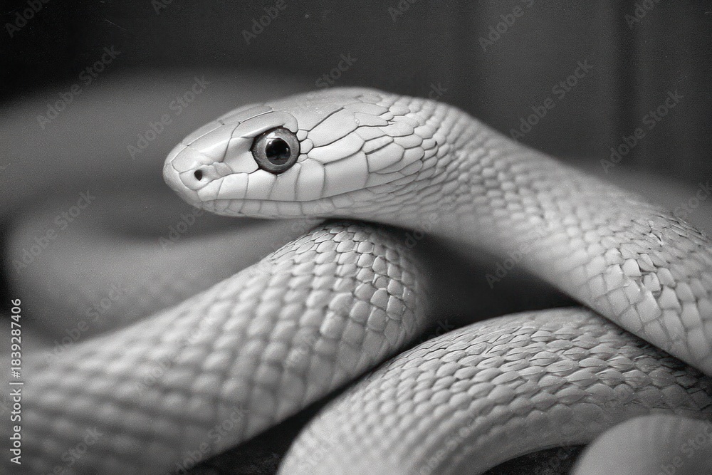 Fototapeta premium A white snake is curled and resting calmly on a flat surface in an indoor area with good lighting
