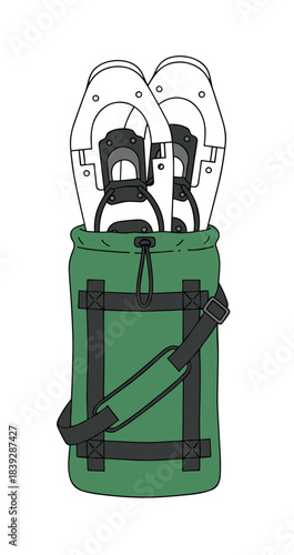 Pair of snowshoes secured inside a green carrying bag with shoulder strap.Isolated transparent background ( include cut-out PNG file ).