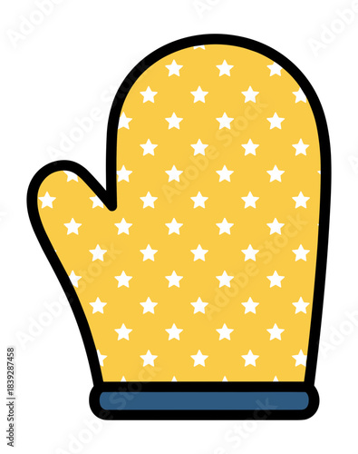 Yellow oven mitt with white stars pattern blue cuff flat graphic design Isolated transparent background ( include cut-out PNG file )