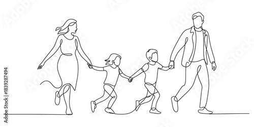 Continuous line drawing of a family walking