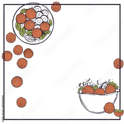 Hand-drawn falafel set. Pita with falafel,  falafel balls. Vector sketch illustration.