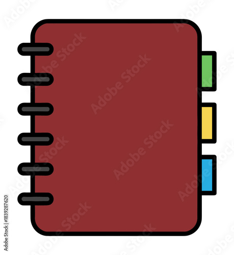 Red spiral bound address book or planner with colorful green yellow blue index tabs.Isolated transparent background ( include cut-out PNG file )