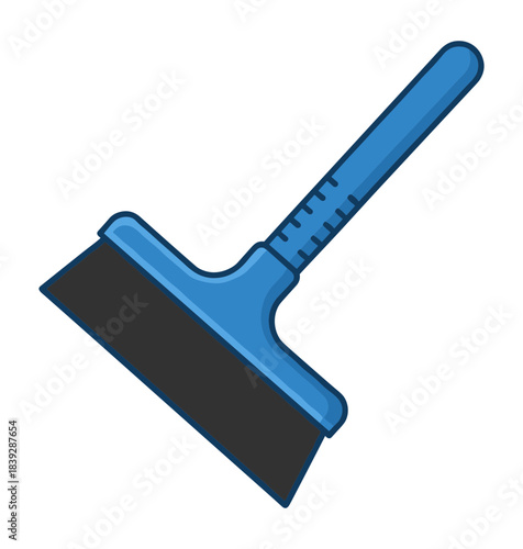 Blue winter ice scraper with a long handle and a wide black brush.Isolated transparent background ( include cut-out PNG file )