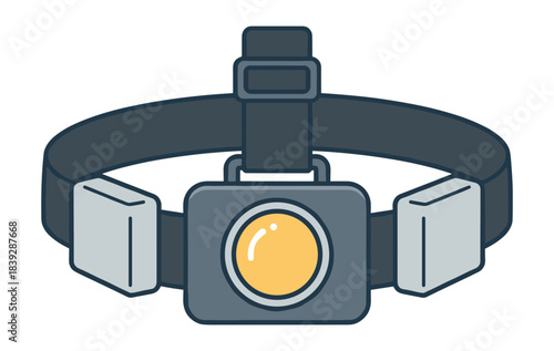 A headlight lamp on an adjustable strap for hands free illumination outdoors. Isolated transparent background ( include cut-out PNG file )