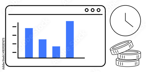 Business strategy, data analysis, economic growth, productivity tracking, budgeting, financial planning. Bar chart in a window, clock and stacks of coins. Business strategy and data analysis
