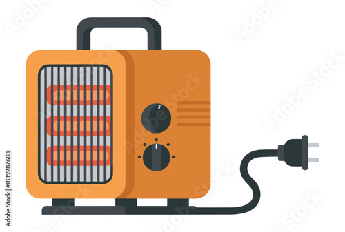 Portable orange electric space heater with glowing infrared heating elements and controls. Isolated transparent background ( include cut-out PNG file )