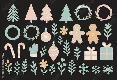 Hand Drawn Christmas Doodle Elements Set. Pastel Holiday Collection: Trees, Wreaths, Gingerbread Man, Ornaments, and Floral Sprigs.