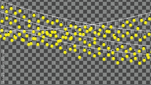 Festive yellow string lights on transparent background