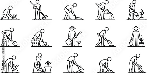 Agricultural Worker Line Art — Vector Outlines of Farmers, Gardeners, Florists in Action — For Farming Infographics, UI Design, and Eco Branding — Editable Template