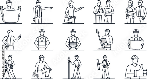 Architect & Construction Worker Line Art — Vector Set of Hard Hat Professionals with Blueprints and Tools — For Architectural Plans, UI Design, and Engineering Branding — Editable Template