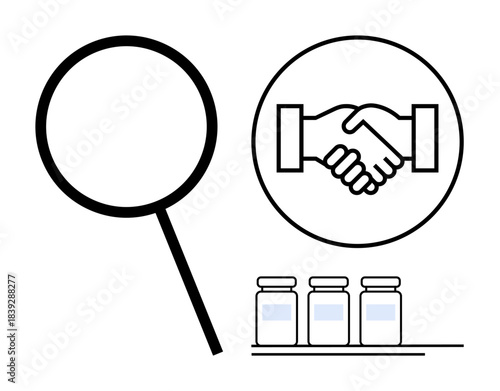Quality inspection concept. Quality control explored with magnifying glass, handshake for partnership, and jars for research. Suitable for medicine, science, partnerships, business, healthcare