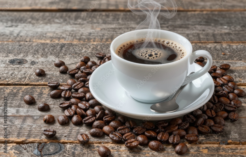 Obraz premium Steaming Hot Coffee in a White Cup with Roasted Beans on a Rustic Wooden Table