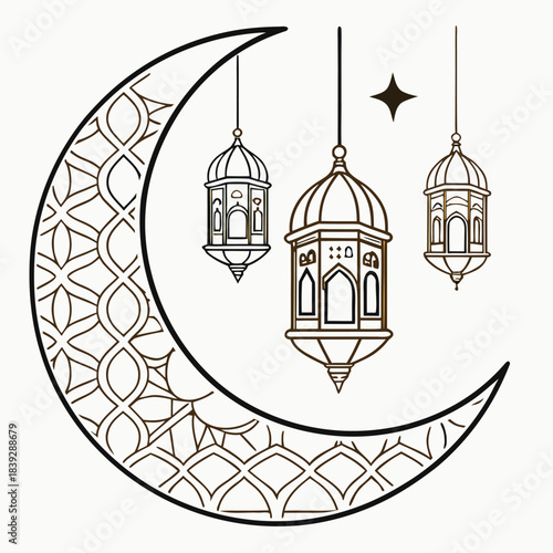Crescent moon patterned with lamps and star hanging, line drawing creates transparent background