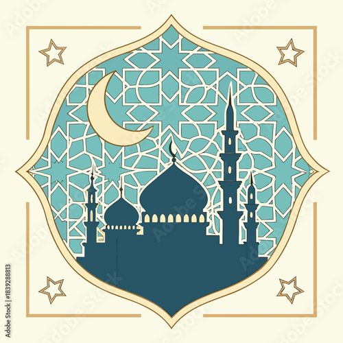 Crescent moon shines over a mosque with intricate geometric patterns in soft, neutral tones