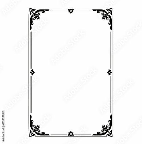 Elegant black and white decorative rectangular frame with ornate corner designs and simple border lines.